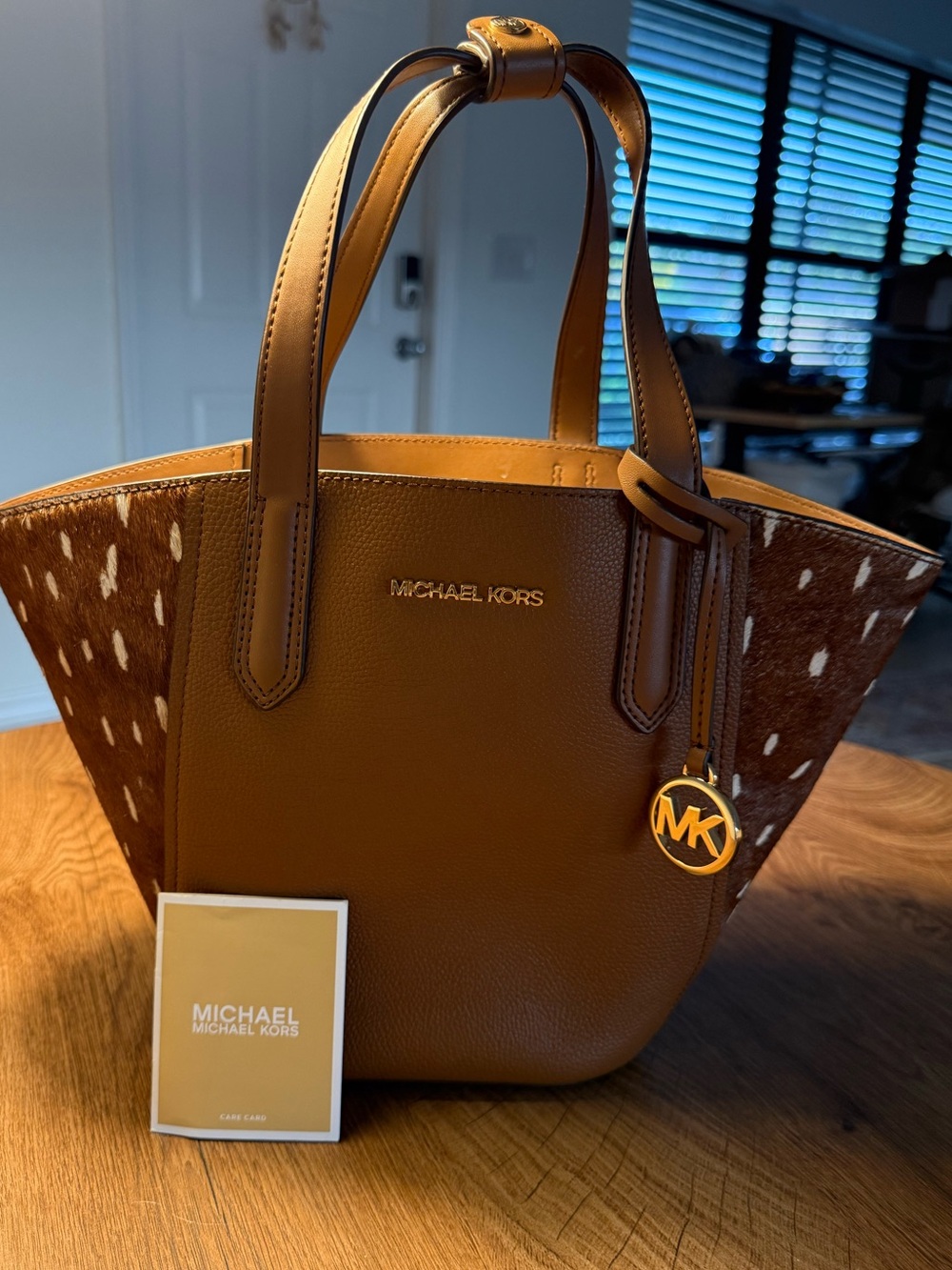 Michael Kors Tan and Brown Leather Tote with Haircalf Panels